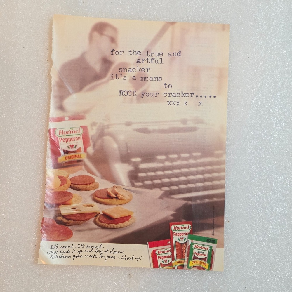 Vintage Print Ad Hormel Pepperoni typewriter man playing guitar 8x10.5 2000